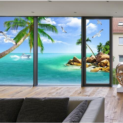 Window glass sticker custom beach landscape painting decorative frosted film bathroom bedroom office sliding door