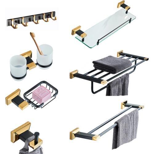 T Gold Black Wall Mounted Glass Shelf Soap Dish Solid BrassToilet Brush Holder Bathroom Accessories Bathroom Hardware Pendant