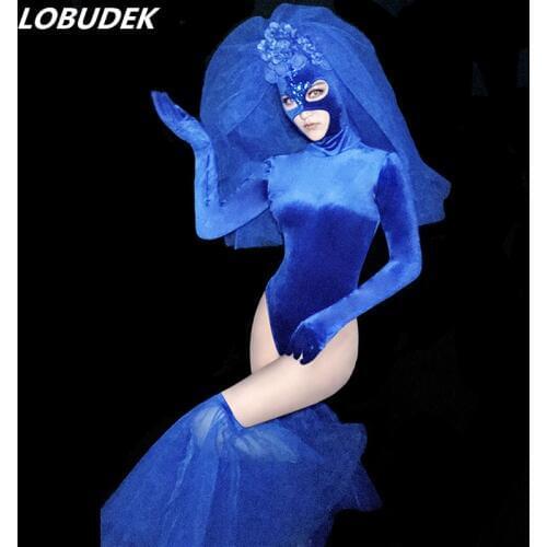 Nightclub Party Bar Show Stage Wear Blue Crystals Mask Bodysuit Sexy Leading Dance Costume Team Singer Performance Dance Outfit