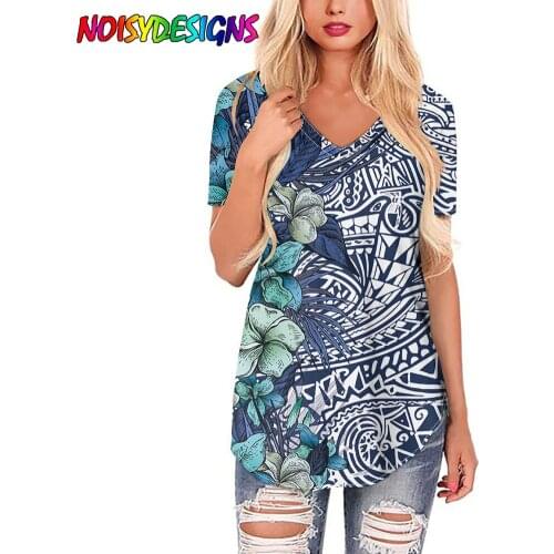 NOISYDESIGNS New T-shirts Women 2021 Polynesian Hawaii Hibiscus Print Tshirts Women V Neck Short Sleeve Lady Girl Funny Hipster
