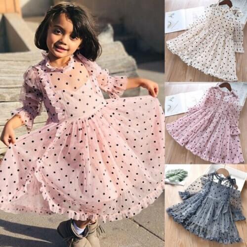 1-6Y Toddler Kids Baby Girl Summer Dress Lace Ruffles Long Sleeve Polka Dot Mesh Dress Tutu Pageant Clothes NEW