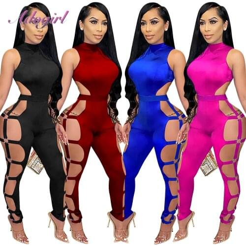 Sexy Solid O-Neck Hollow Out Bandage Night Party Club Jumpsuit Women Summer Sleeveless Backless Outfit Rompers Fitness Overalls
