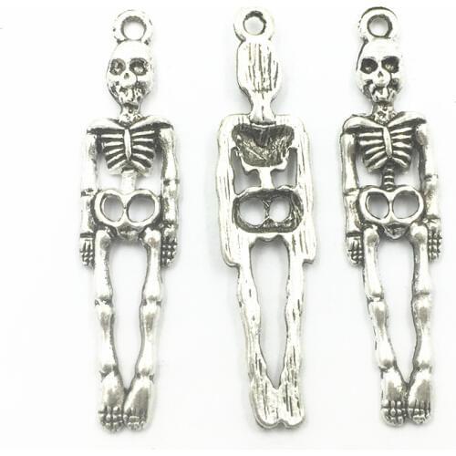20Pcs Ancient Silver Tone Pendants For Bracelets Skeleton Halloween Metal Fashion Craft Jewelry DIY Charms Findings 38mm