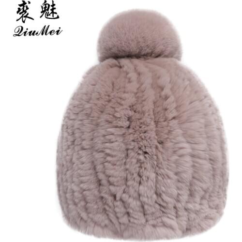 Genuine Rex Rabbit Fur Hat Women Winter Warm Fashion 2020 Pompom Cute Girls knitted Hats Real Fur Beanie