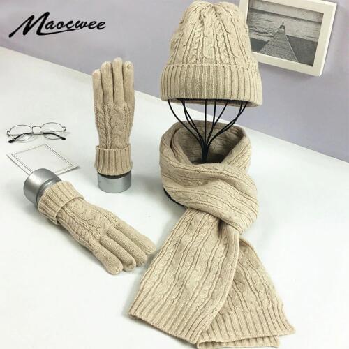 Knitted Winter Hats for Womens Hat Scarf Glove Set 3 Piece Sets Fashion Twist stripes Cap Gorros Bonnet Wool Beanie Skullies