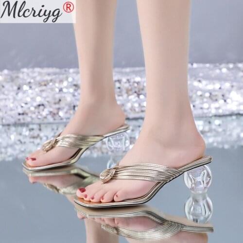 2021 Summer Crystal Ball Heel Womens Slippers Square Toe Solid Strange Style Ladies Flip Flops Pinch High Heel Womens Slippers