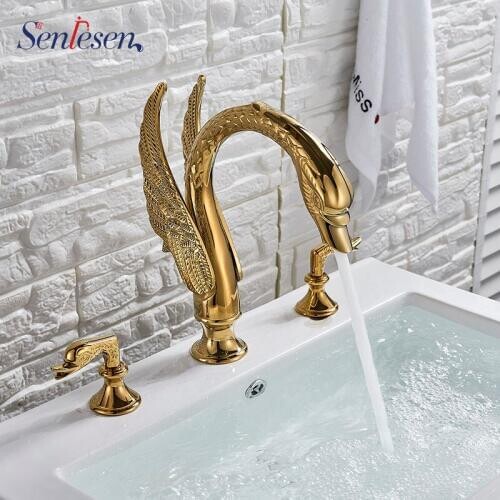 Senlesen Swan Shape Basin Faucet Dual Handles Dual Control Gold Plated Deck Mount For Bathroom Sink Mixer Taps Hot Cold Water