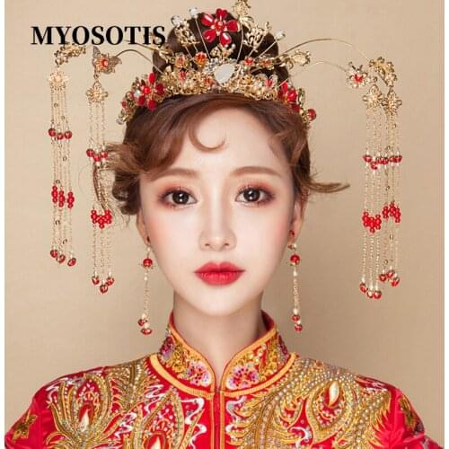 Chinese-Style Wedding Bridal Coronet Headdress Exquisite Hair Accessories Gold Bride Hairwear Jewelries