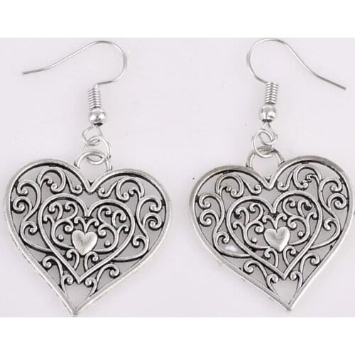 Vintage Antique bronze filigree heart earrings metal alloy drop dangle hollow heart-shaped earring jewelry men fashion jewellery
