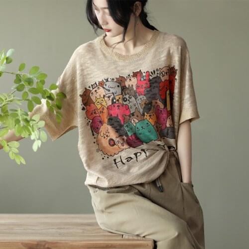 Lamtrip Unique Cartoon Comic Print Knitted Loose Short Sleeve Kawaii Tee T-Shirt Women Top 2021 Summer