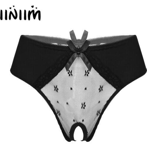 Womens Hollow Out Lace Bowknot Crotchless Sissy Briefs Exotic Panties See-through Mesh Patchwork Lingerie Underwear Underpants