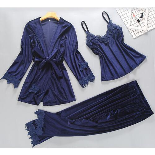 Ladies Sexy Robe Pajama Set 3 Pieces Lace Bathrobe Set Winter Autumn Sleepwear Nightwear Fashon Indoor Clothing For Women