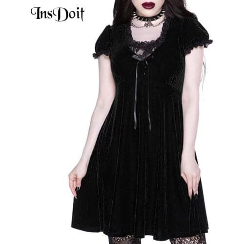 InsDoit Gothic Vintage Lace Aesthetic Dresses Women Velvet Harajuku Bandage Summer A LINE Dress Short Sleeve Party Club Dresses