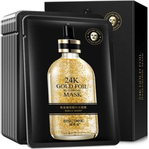 10 Pieces 24k Gold Hyaluronic Acid Facial Masks Moisturizing Hydration Oil-control Anti-Aging Shrink Pore Depth Replenishment