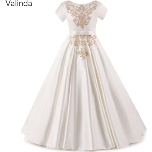 Short Sleeves Ivory Satin Flower Girl Dresses with Appliques Lace First Communion Birthday Party Dress for Baby Kids Clothing