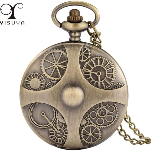 Gear Wheel Design Necklace Watch Antique Bronze Sweater Chain Pendant Quartz Pocket Watch Collection Vintage Gifts Clock Unisex