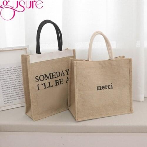 Gusure Simple Letter Shopping Bag Cotton Linen Handbag Women Large Capacity Casual Shoulder Bag Fashion Lady Travel Tote Purse