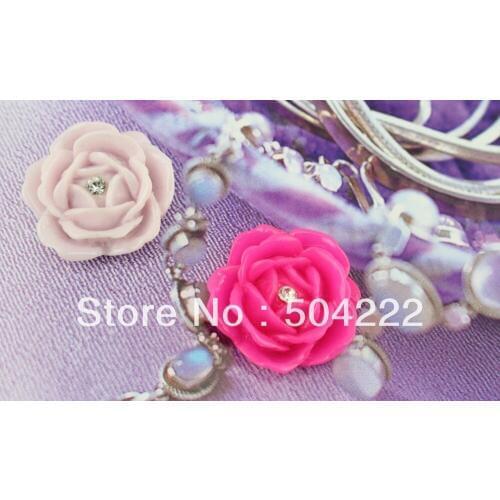 100pcs big Flatback Resin peony rose flower Cabochons w/ rhinestone assorted colors for handmade jewelry 25mm D25