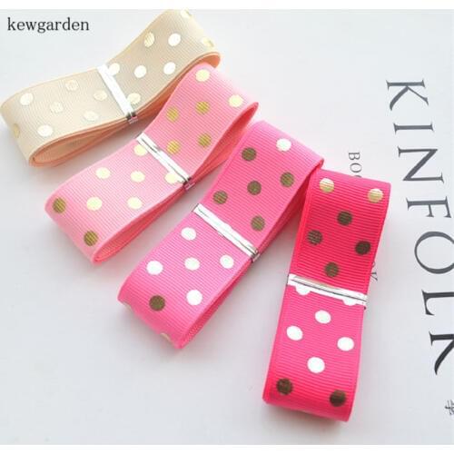 Kewgarden Hot Stamping Gold Dots Grosgrain Ribbons 1" 25mm Handmade Tape DIY Hair Bowknot Accessories Satin Ribbon Riband 10yard