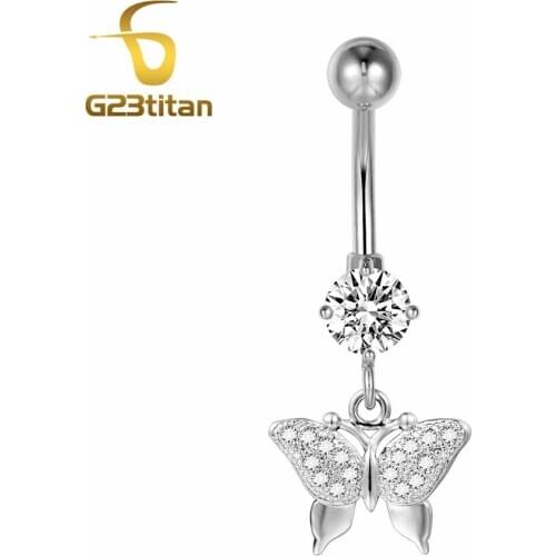 Sweet Beauty Style Belly Button Ring Belly Button Piercing G23 Titanium Butterfly Crystal Pendant Summer Beach Jewelry