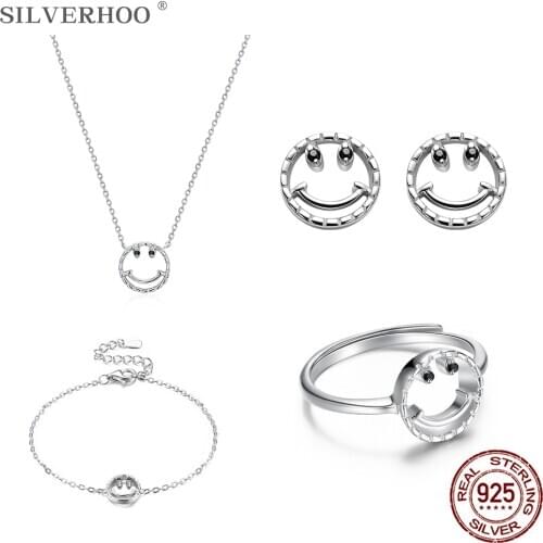 SILVERHOO Zircon Jewelry Set 925 Sterling Silver Smiley Face Ring Earrings Necklace Bracelet Sets For Women New Arrival Gift