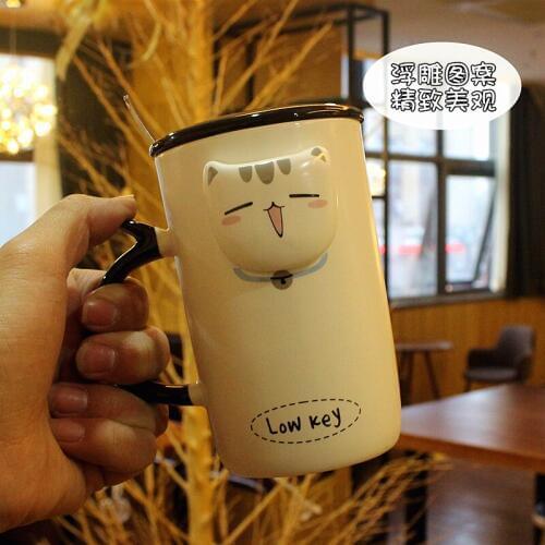 Cute cat coffee mug ceramic taza gato with spoon creative mark personality drinkware