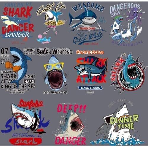 Fashion Animation Shark Series Patches for Clothing Stickers Iron on Appliques Diy T-shirt Thermal Transfer Luminous Sticker