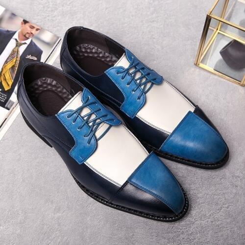 GLAZOV Brand Fashion Spring Autumn New Men Brogue shoes Bullock Men Dress Shoes Man Wedding Shoes Lace-up Mixed Color White/Blue