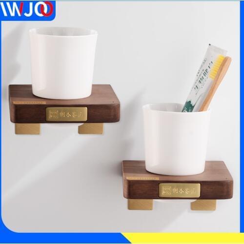 Toothbrush Holder Set Glass Cup Tumbler Holder Brass Wooden Nordic Style Bathroom Accessories Tooth Brush Holder Wall Mounted