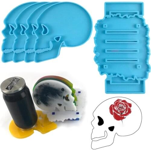 Skull Coaster Set of 4 with Holder Resin Molds Goth Cupmat Silicone Moulds DIY Epoxy Resin Halloween Home Decoration
