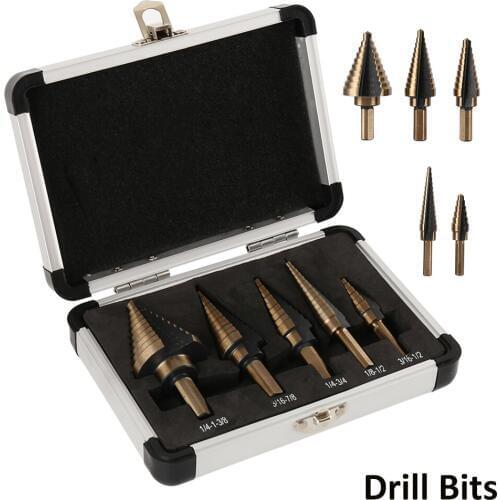 5pcs Step Drill Bit Set Hss Cobalt Multiple Hole 50 Sizes SAE Step 1/4-1-3/8 3/16-7/8 1/4-3/4 1/8-1/2 3/16-1/2 Aluminum Case