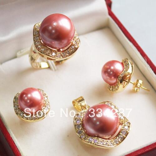 New Listed!Free shipping Dark Pink South Sea Shell Pearl Ring Pendant Earring Jewelry Set