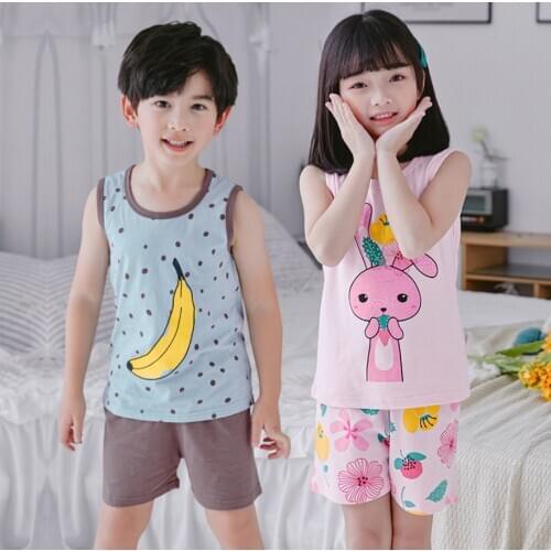 Pyjamas Boys Girls 2 pieces Set Kids Summer 100% Cotton T-shirt shorts tracksuit cartoon Pajamas Sleepwears For 2 4 6 8 10 Years