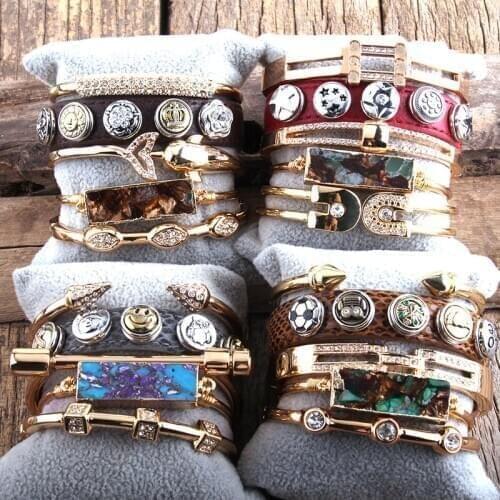 RH Fashion Boho Button Charm leather Bracelets Metal Bracelet Bangle Set 5pc Bangle Sets For Women jewelry Gift