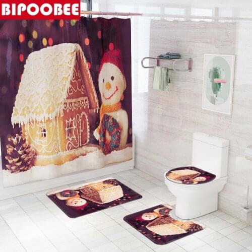 Merry Christmas Bathroom Shower Curtain Cartoon Printed Bath Mat Cover Toilet Lid Snowman Festival Home Decor Anti-slip Carpet