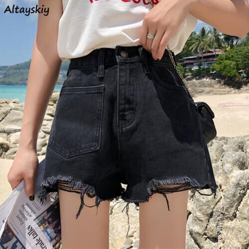 Shorts Women Pure Color Summer High Waisted Students Straight Denim Trousers Mujer Casual Ulzzang Streetwear Simple Trendy Chic