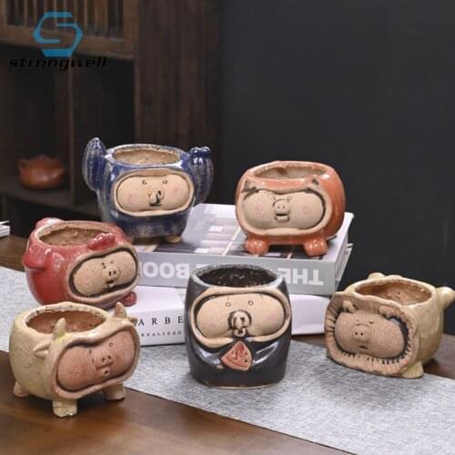 Strongwell Cartoon Pig Figurines Antique Ceramic Flower Pot Home Decoration Sucuclent Flowerpots Planter Decoration Potted