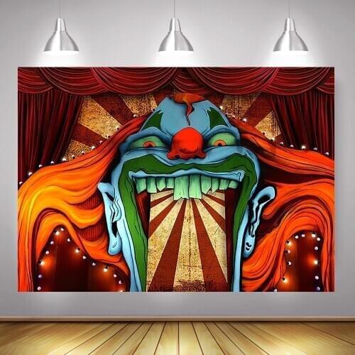 Horror Circus Photography Backdrop Haunted House Entrance Boy Birthday Background Halloween Red Giant Evil Clown Photo Shoot