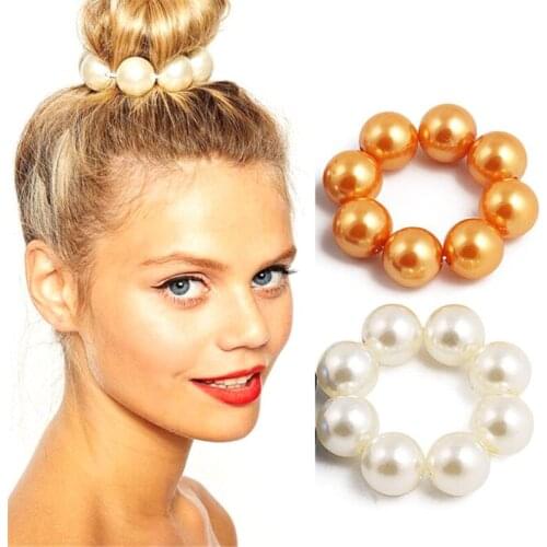 Women Girls Headwear Big Imitation Pearl Hair Rope Holder Hairband Hair Ring Pearl Beads Crown Stretch Hair Band Accessories