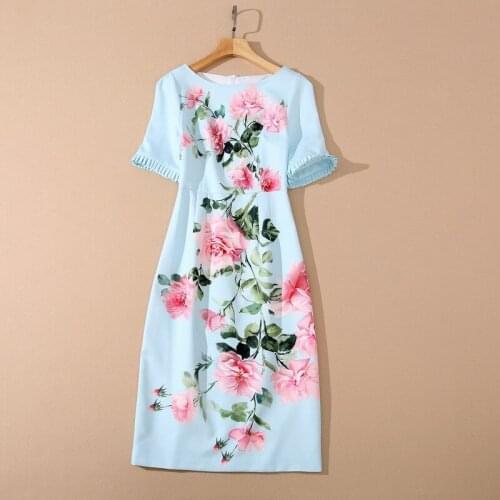 European and American womens wear for spring 2021 Rose print with short sleeves and round neck Fashion blue dress