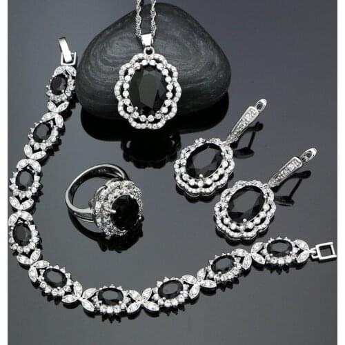 925 Sterling Silver Punk Jewelry Sets For Women Black Cubic Zirconia White Crystal Earrings/Pendant/Necklace/Ring/Bracelet
