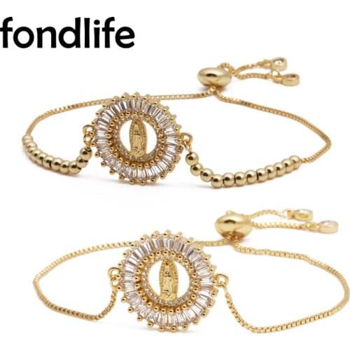 AAA Cubic Zirconia Crystal Gold-plated virgin Mary Image Charm Bracelet Women Brass Chain CZ Red Cord Adjustable Jewelry Gift