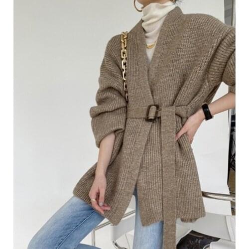 Sweater jacket women loose temperament mid-length 2021 autumn and winter new thick knitted cardigan womens lace-up top