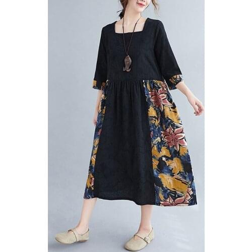 Women Cotton Linen Casual Dress New 2021 Summer Vintage Style Patchwork Print Loose Comfortable Female Long Dresses S3039