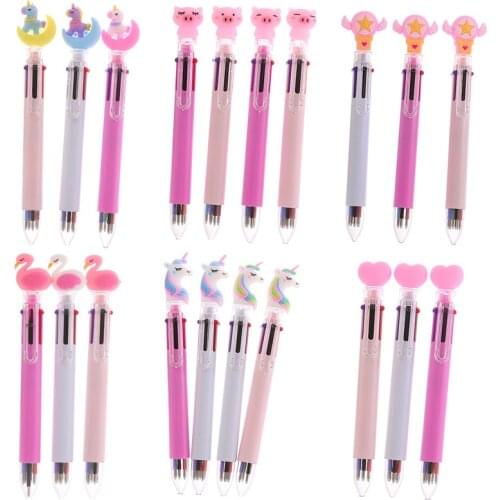 10 Pcs Creative Silicone 6 Color Ballpoint Pen Cute Cartoon Animal Pig Unicorn Flamingo Love Color Pen Materiais Escolares
