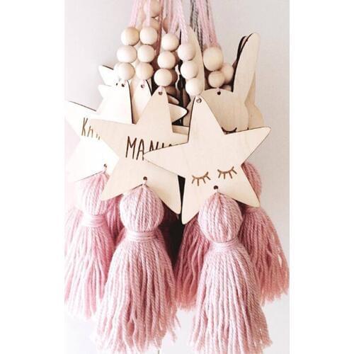 2019 Nordic Style Cute Star Cat Shape Wooden Beads Tassel Pendant Kids Room Decoration Wall Hanging Ornament for Photography