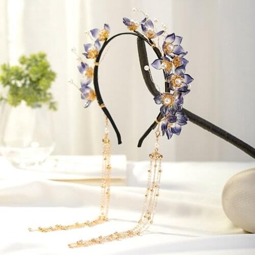 Ancient Chinese Style Hair Accessories Handmade Dark Blue Flowers Faux Pearl Long Tassel Hair Band Suitable Hanfu Decor LB