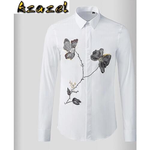 Azazel White Mens Shirts Luxury Flower Embroidery Long Sleeve Casual Mens Dress Shirts Slim Fit Male Shirts Camisa Masculina 3XL