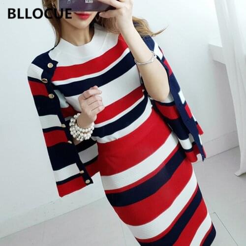 BLLOCUE 2019 Autumn Korean Knitted Striped 3 Pieces Set Women Single-Breasted Cardigan + Short Sleeve Pullover Tops+ Skirt Suit