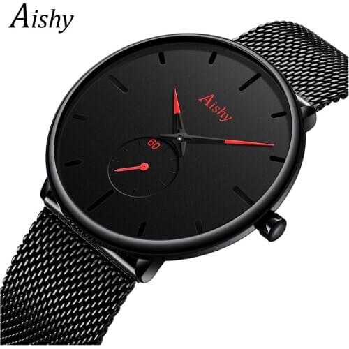 Aishy Men watch Mesh Stainless Steel Strap Luminous Watch Creative Simple Quartz Male Watches Black Clock Factory Wholesale